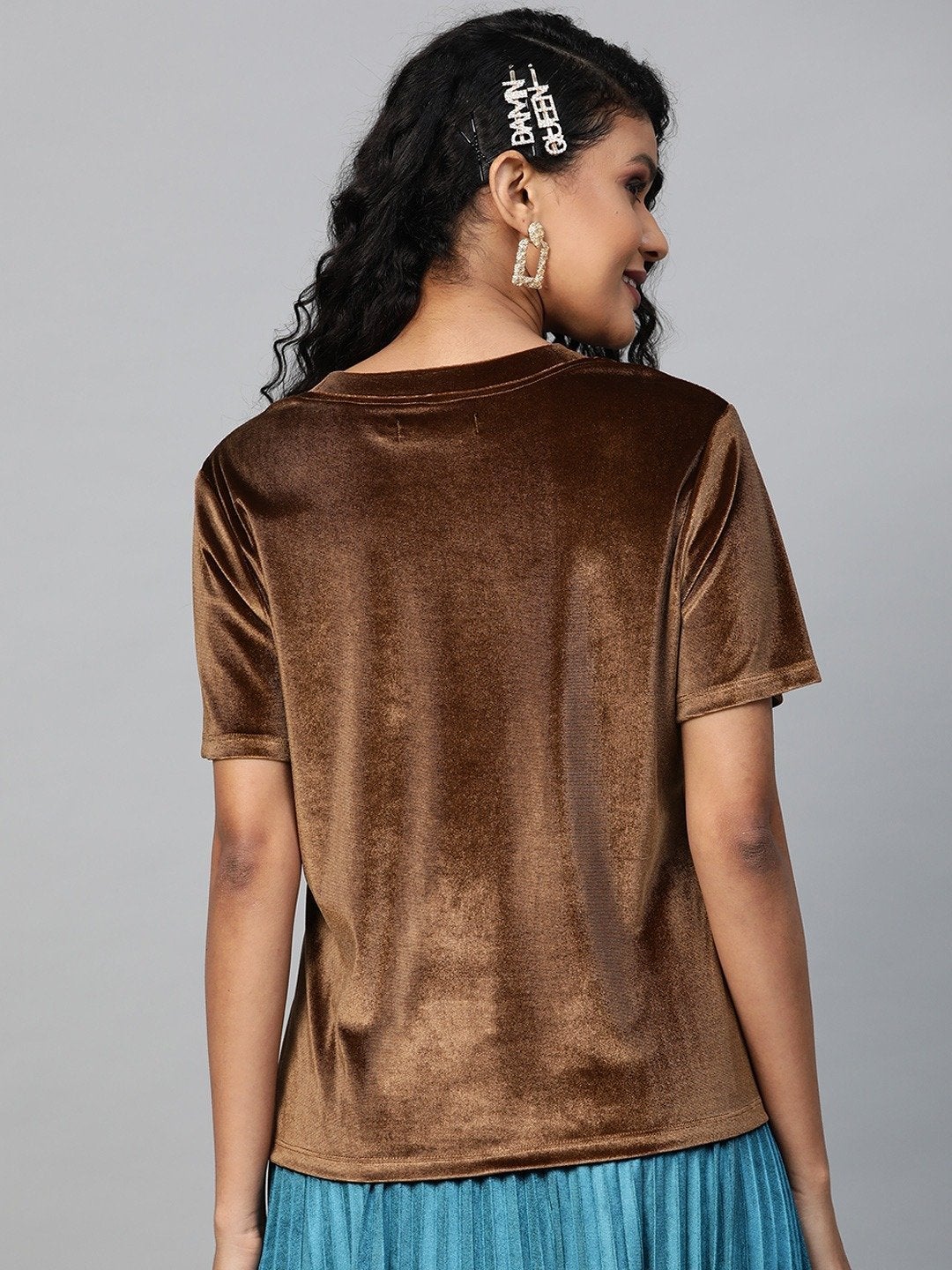 Women's Brown Velvet Basic Top - SASSAFRAS