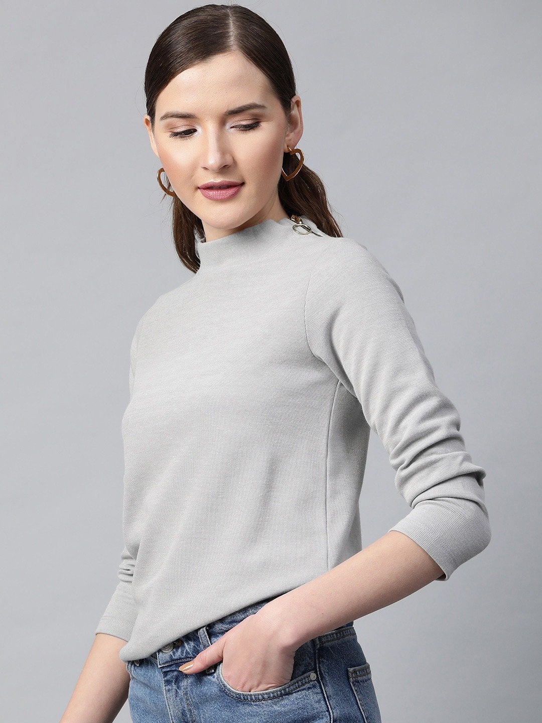 Women's Grey High Neck Rib Top - SASSAFRAS