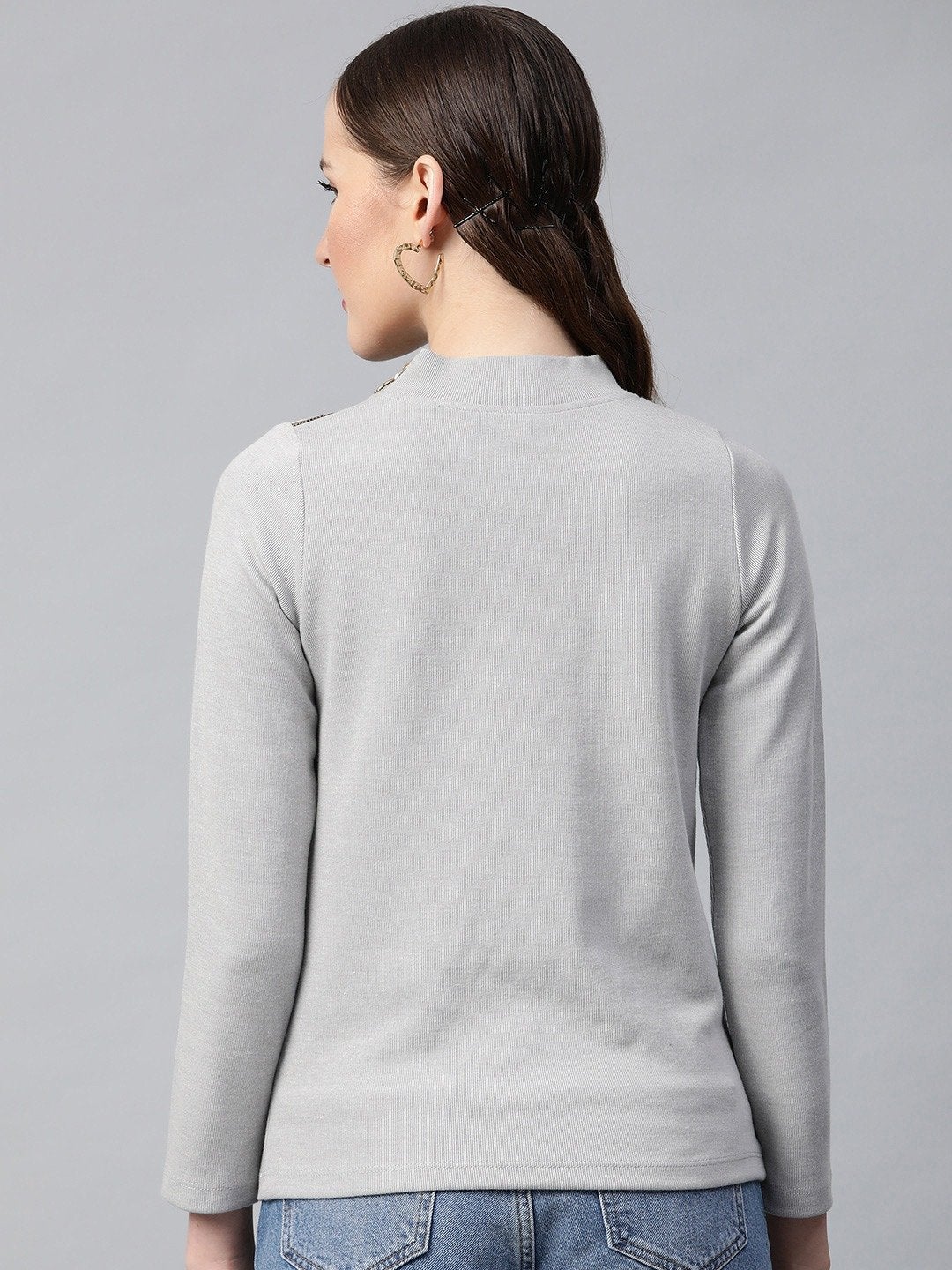 Women's Grey High Neck Rib Top - SASSAFRAS