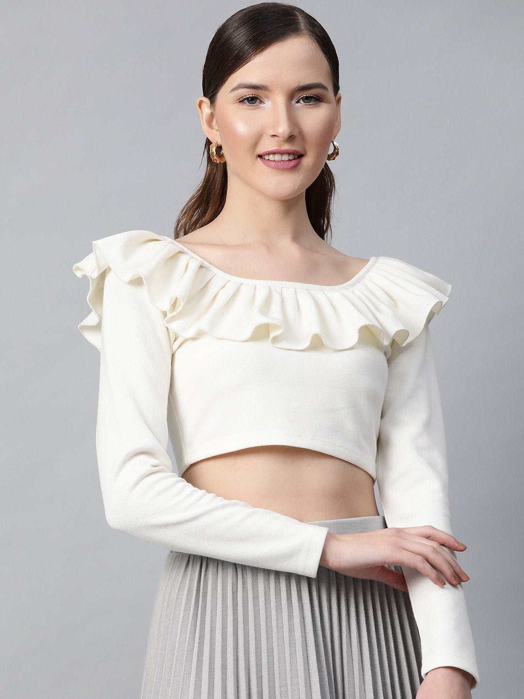 Women's Off White Frilly Neck Rib Crop Top - SASSAFRAS