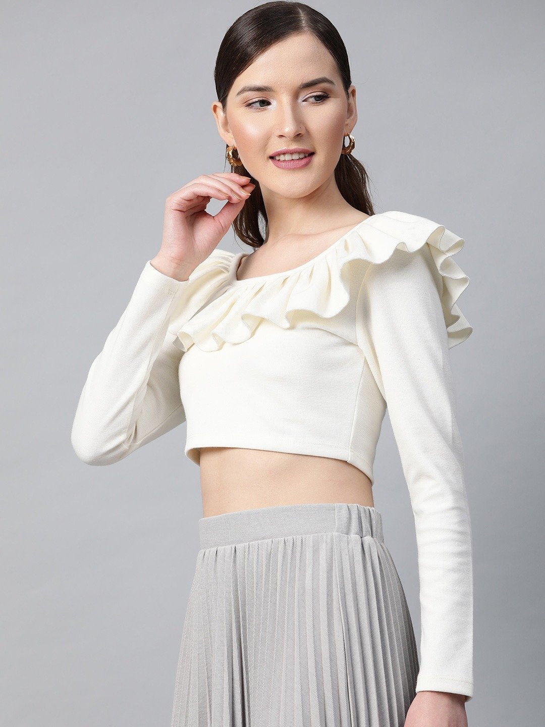 Women's Off White Frilly Neck Rib Crop Top - SASSAFRAS