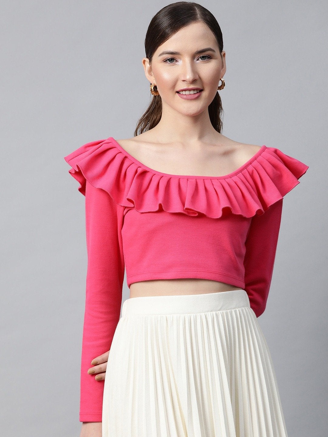 Women's Fuchsia Frilly Neck Rib Crop Top - SASSAFRAS