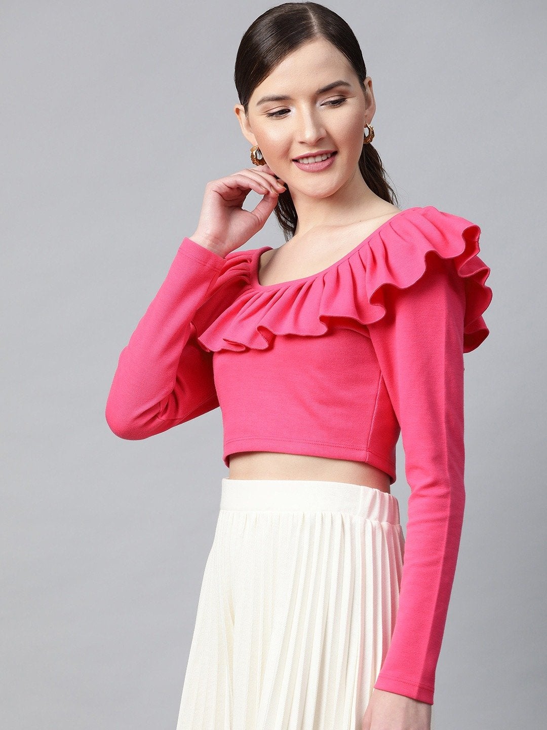 Women's Fuchsia Frilly Neck Rib Crop Top - SASSAFRAS