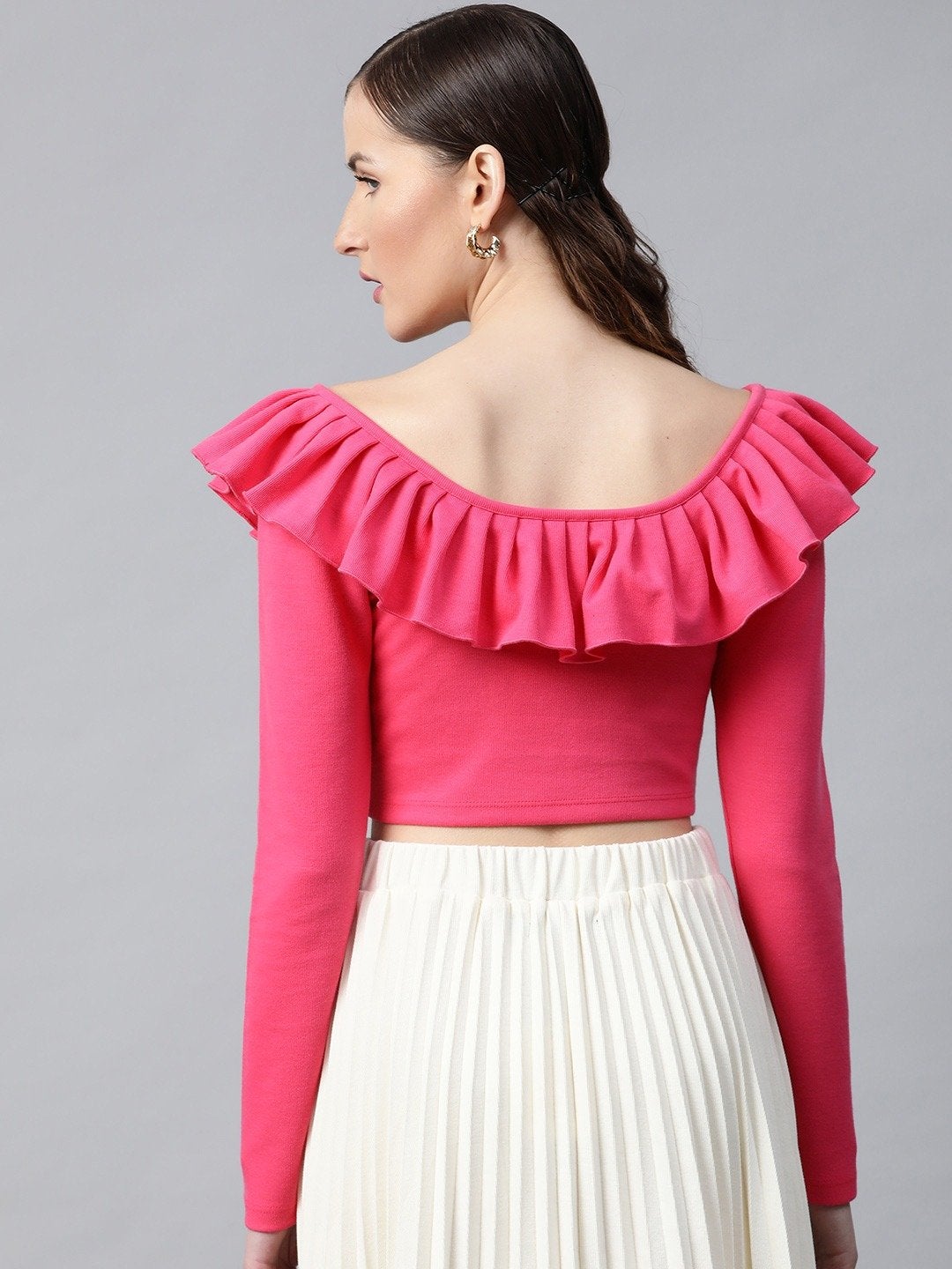 Women's Fuchsia Frilly Neck Rib Crop Top - SASSAFRAS