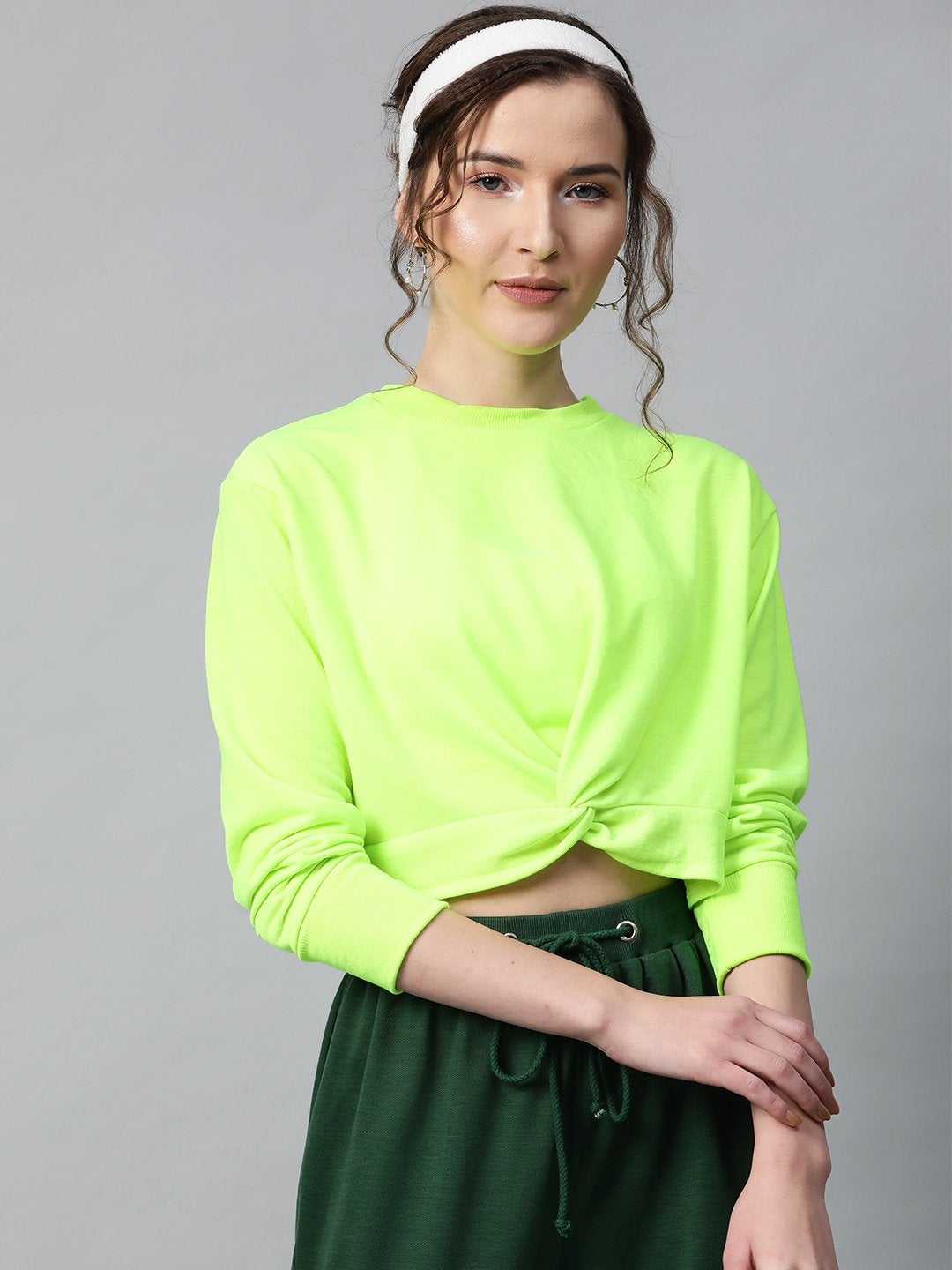 Women's Neon Green Terry Knot Crop Top - SASSAFRAS