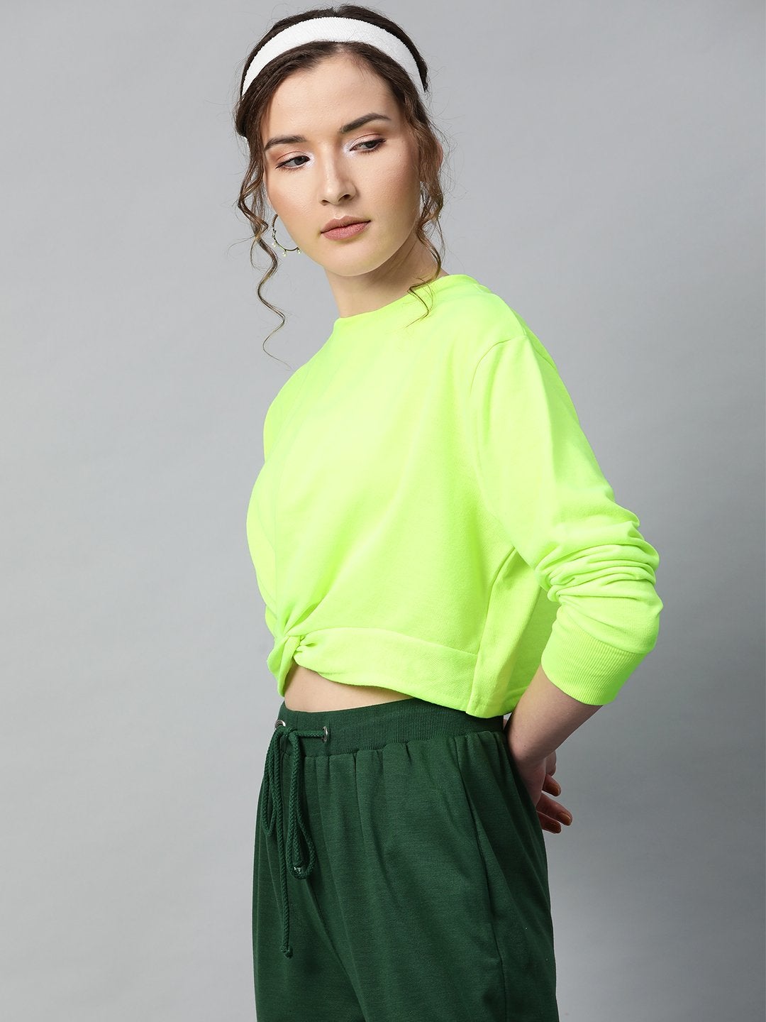 Women's Neon Green Terry Knot Crop Top - SASSAFRAS