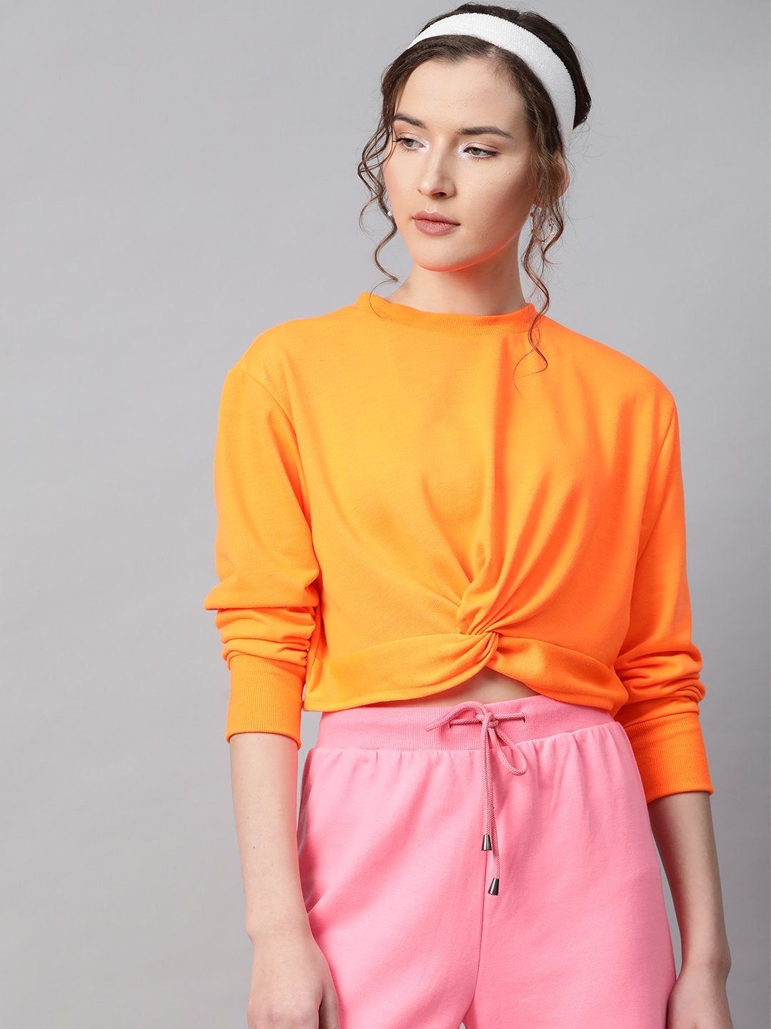 Women's Neon Orange Terry Knot Crop Top - SASSAFRAS