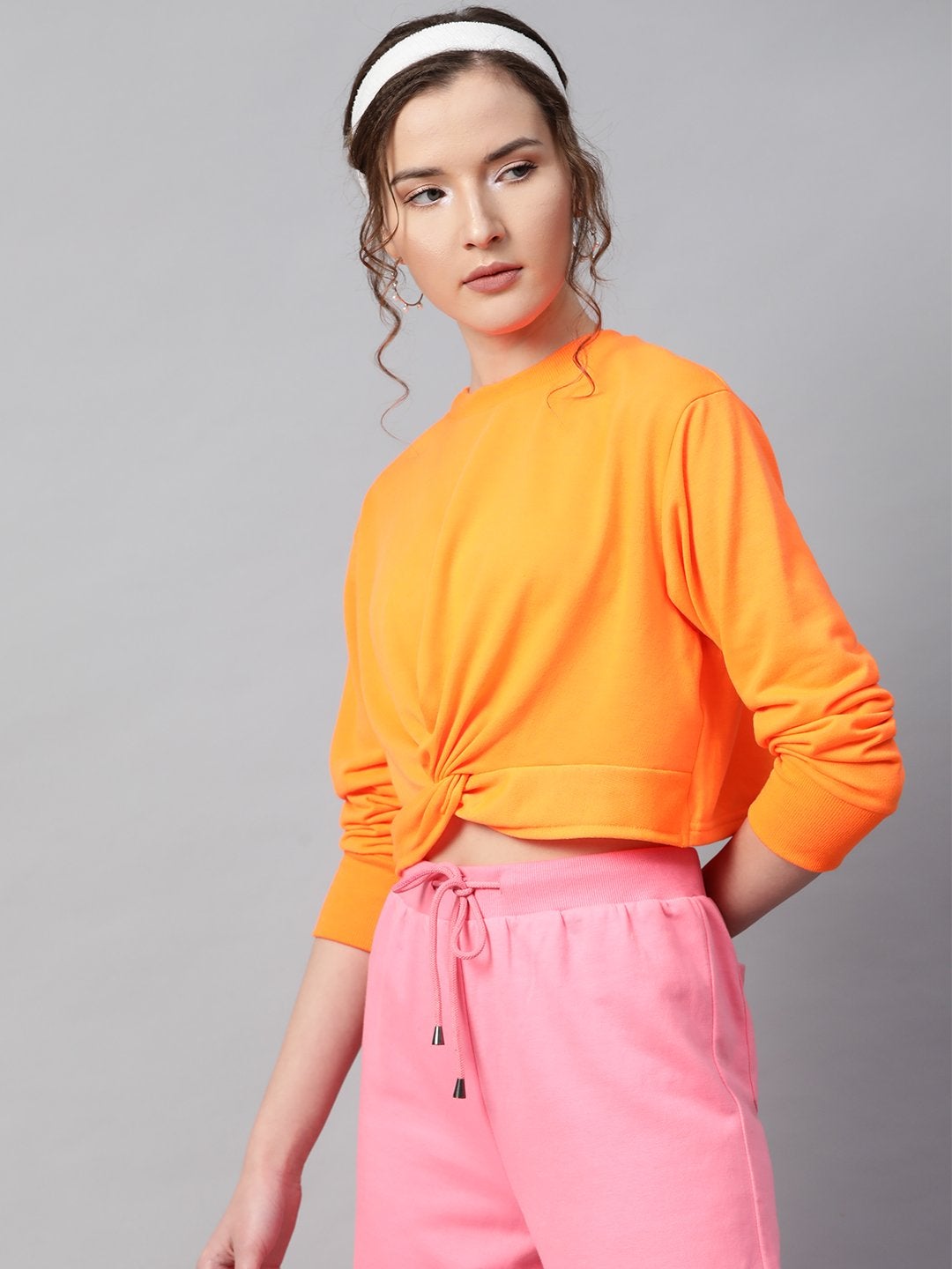 Women's Neon Orange Terry Knot Crop Top - SASSAFRAS