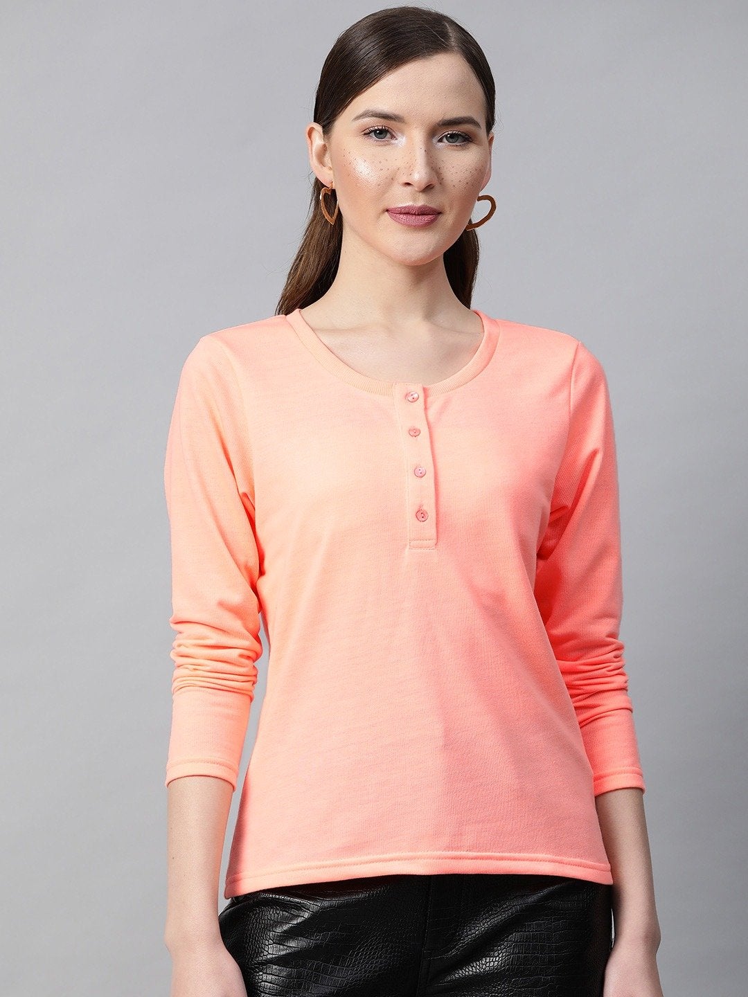 Women's Peach Henley Full Sleeve T-Shirt - SASSAFRAS