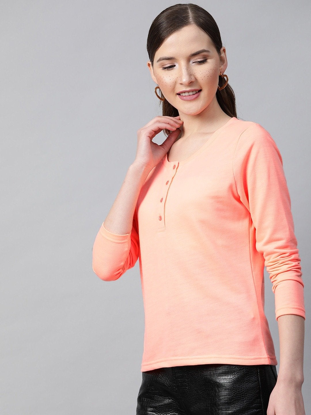 Women's Peach Henley Full Sleeve T-Shirt - SASSAFRAS