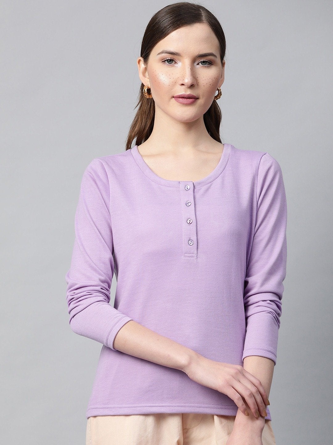 Women's Purple Henley Full Sleeve T-Shirt - SASSAFRAS