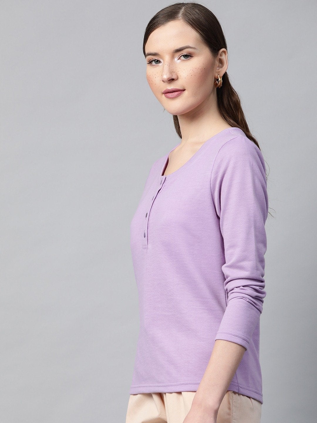 Women's Purple Henley Full Sleeve T-Shirt - SASSAFRAS