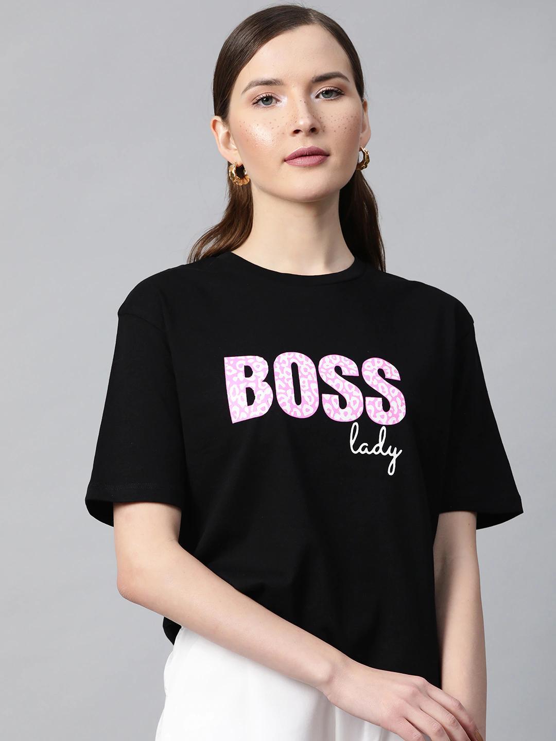 Women's Black Boss-Print T-Shirt - SASSAFRAS