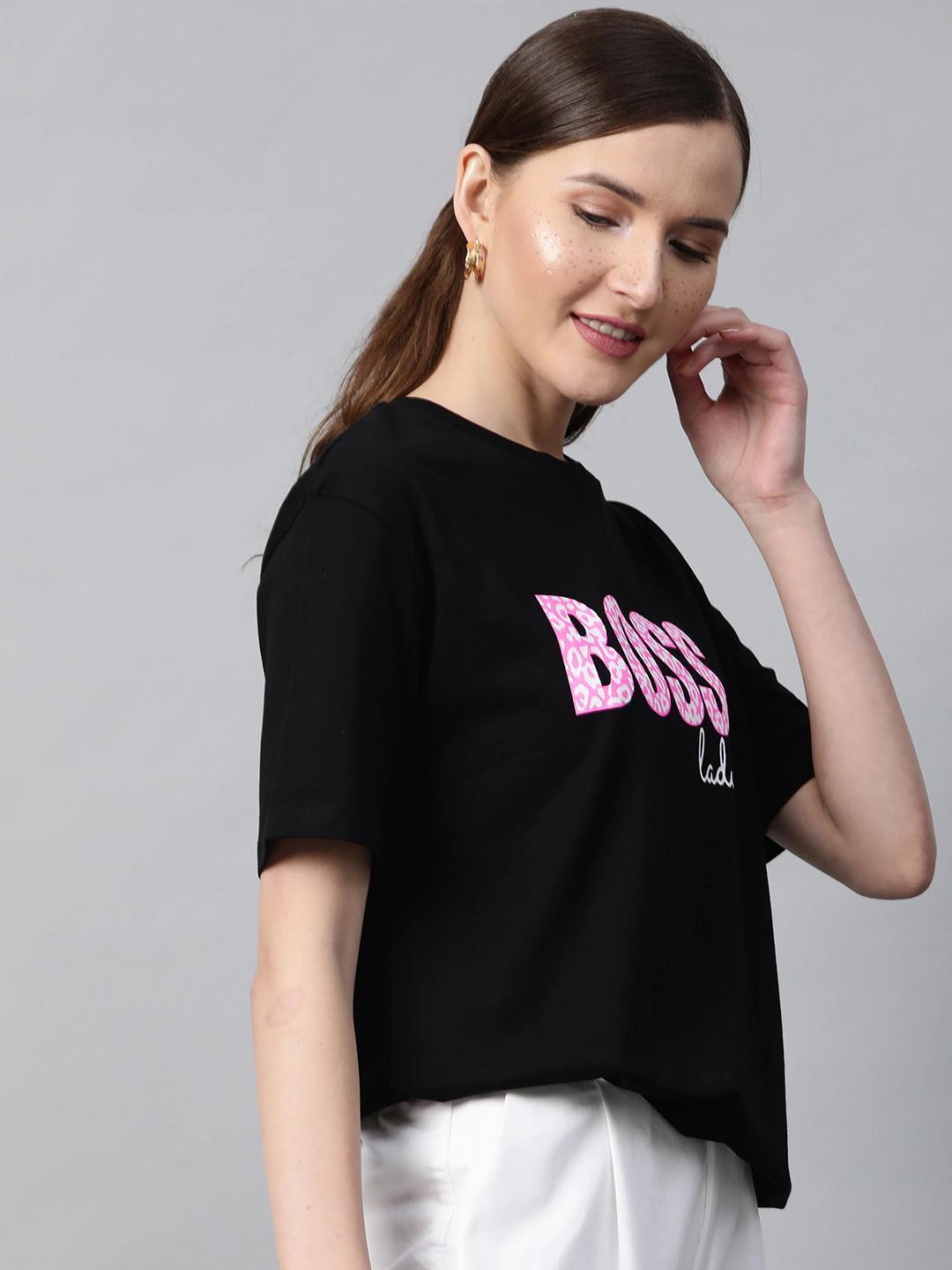 Women's Black Boss-Print T-Shirt - SASSAFRAS