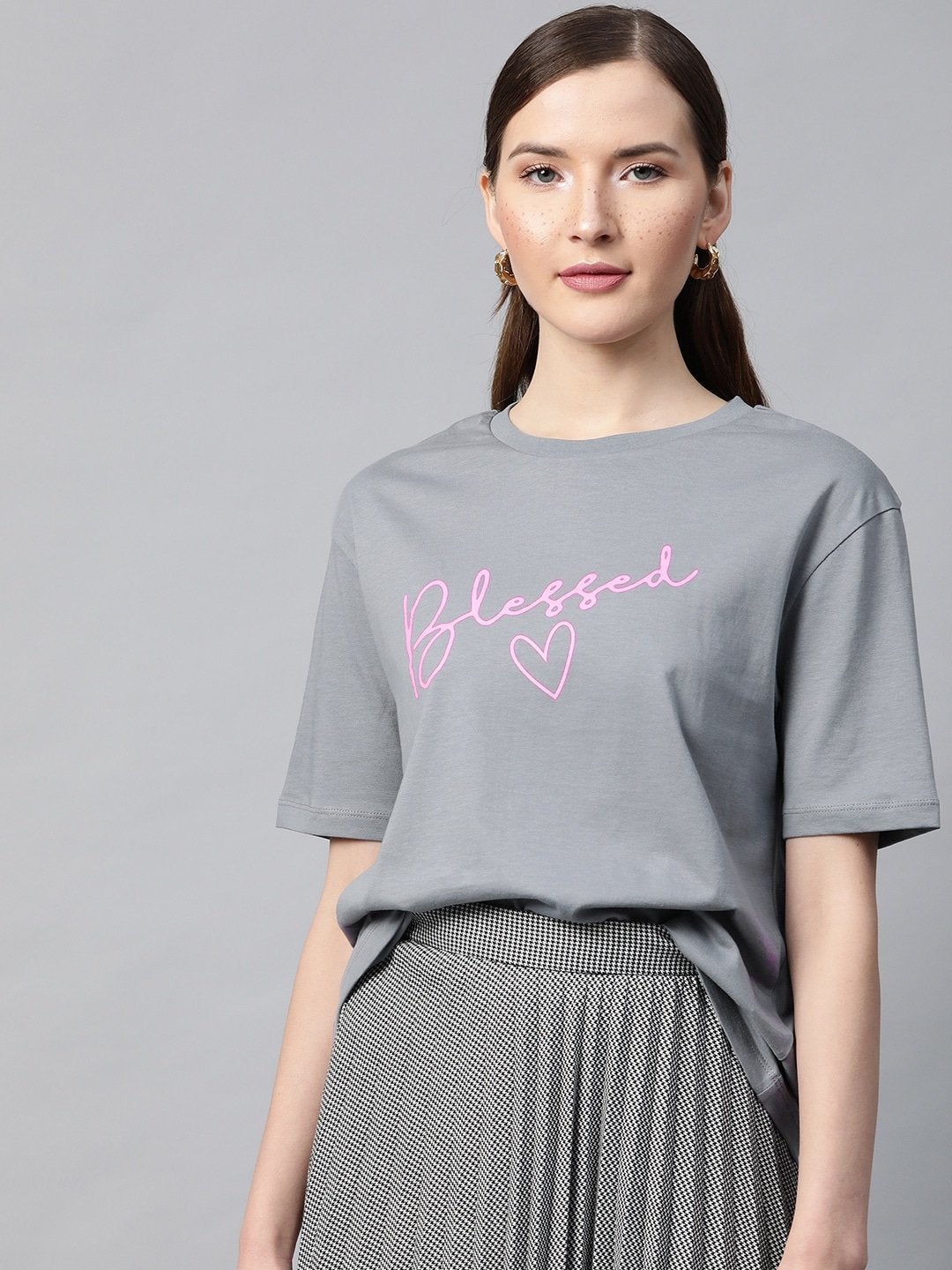 Women's Grey Blessed-Print T-Shirt - SASSAFRAS