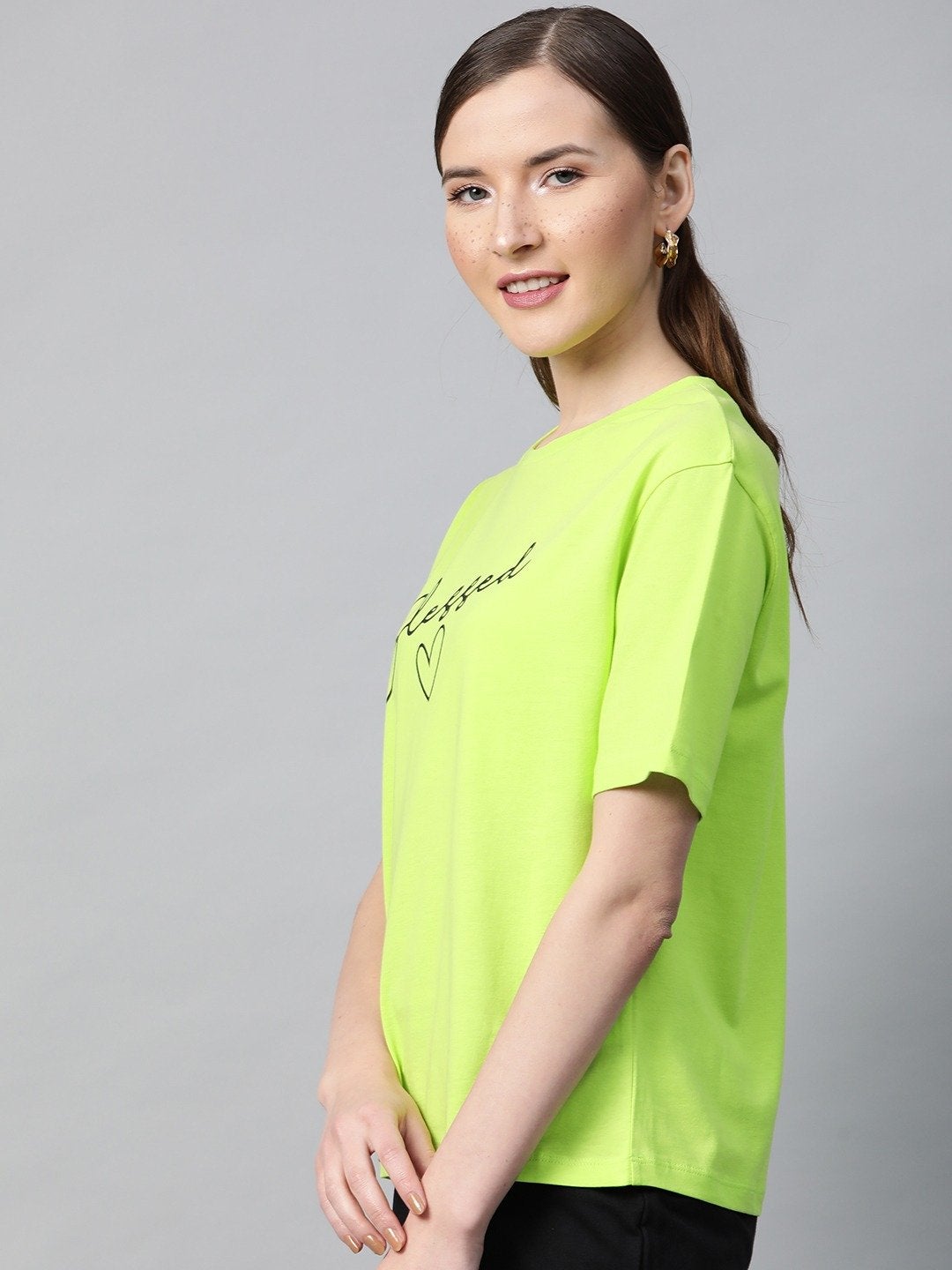 Women's Neon Green Blessed-Print T-Shirt - SASSAFRAS