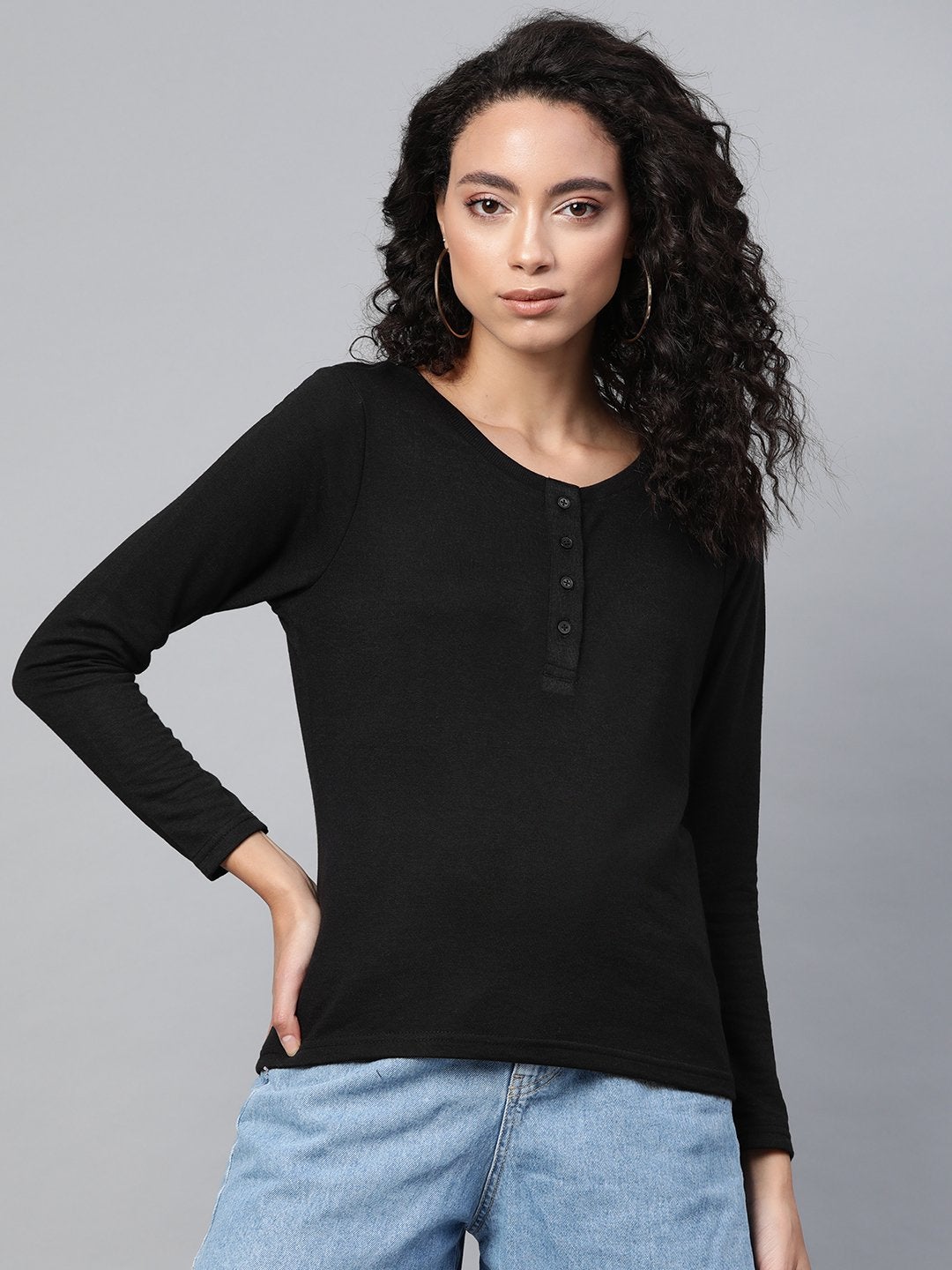 Women's Black Full Sleeve Henley T-Shirt - SASSAFRAS