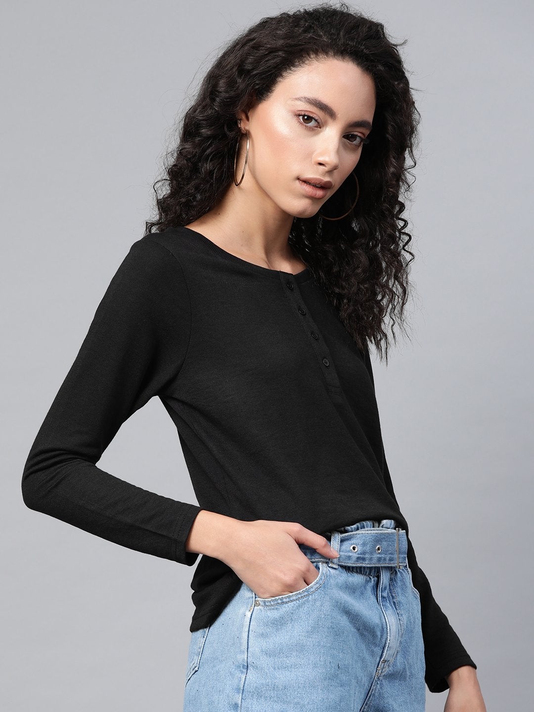 Women's Black Full Sleeve Henley T-Shirt - SASSAFRAS