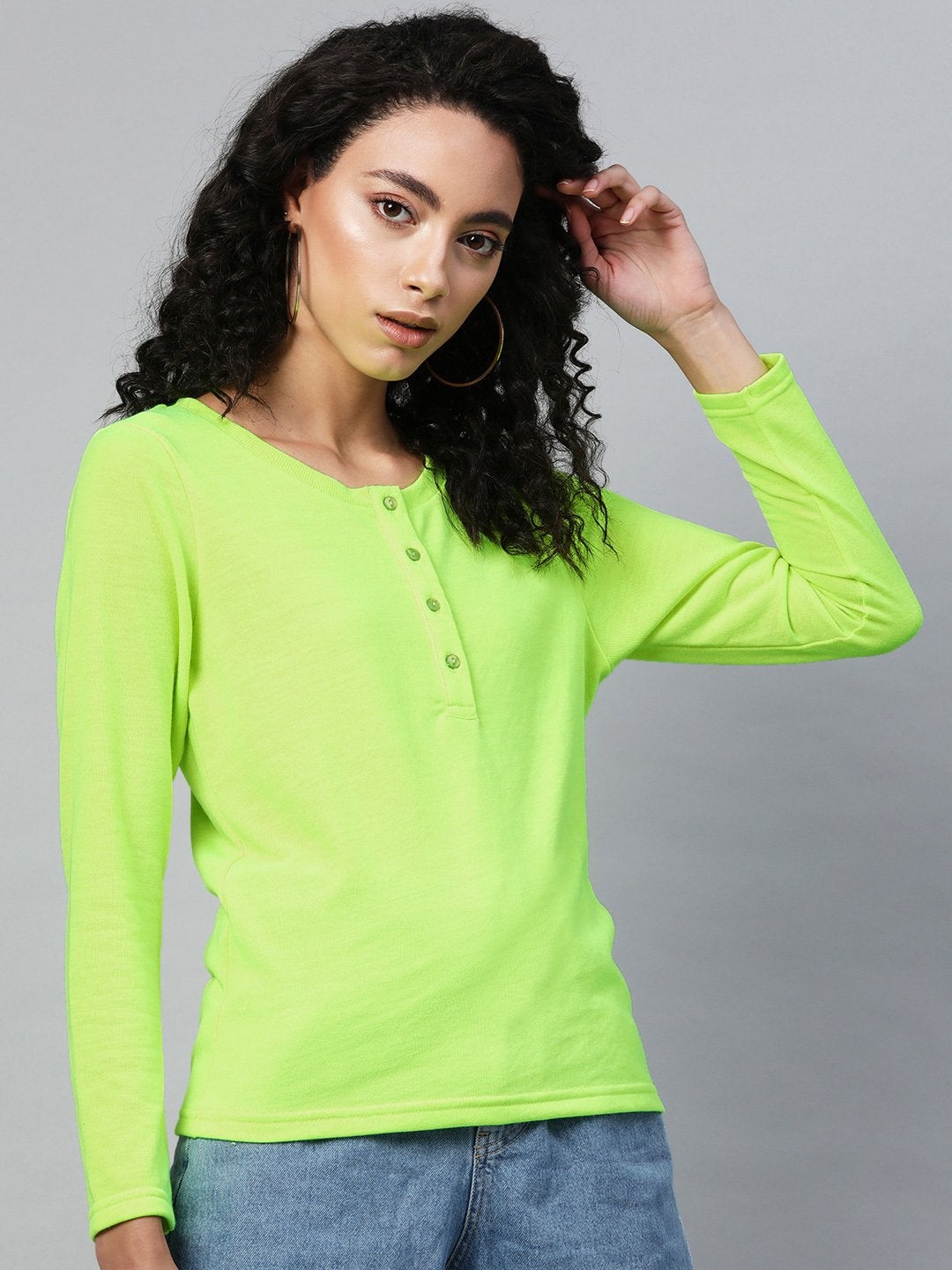 Women's Neon Green Full Sleeve Henley T-Shirt - SASSAFRAS