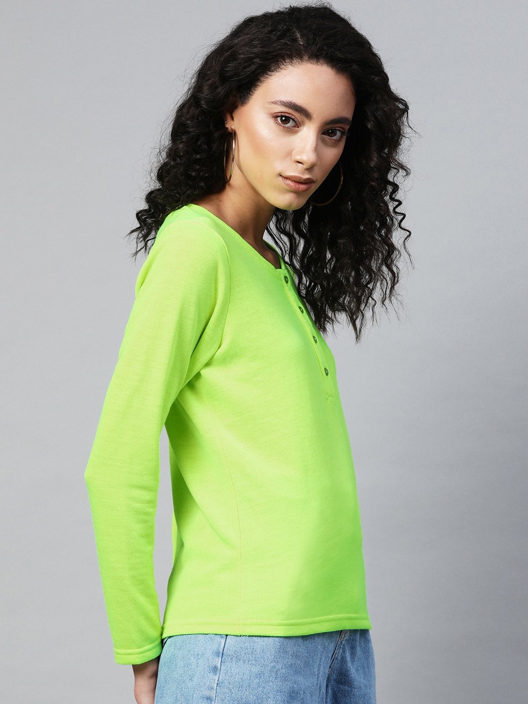 Women's Neon Green Full Sleeve Henley T-Shirt - SASSAFRAS