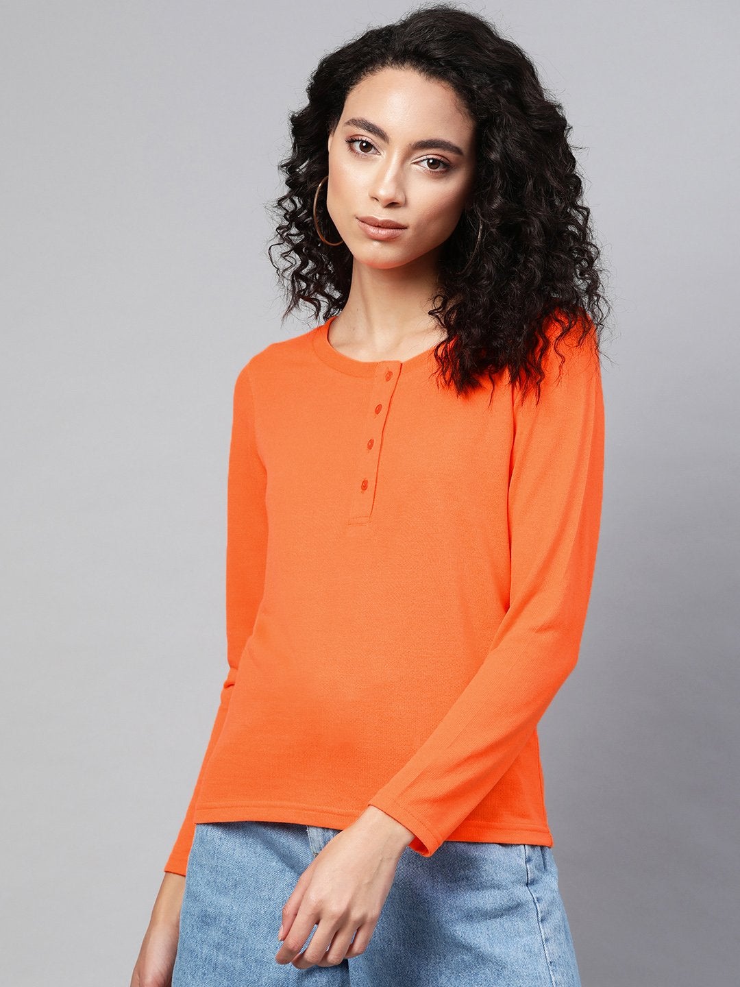 Women's Neon Orange Full Sleeve Henley T-Shirt - SASSAFRAS