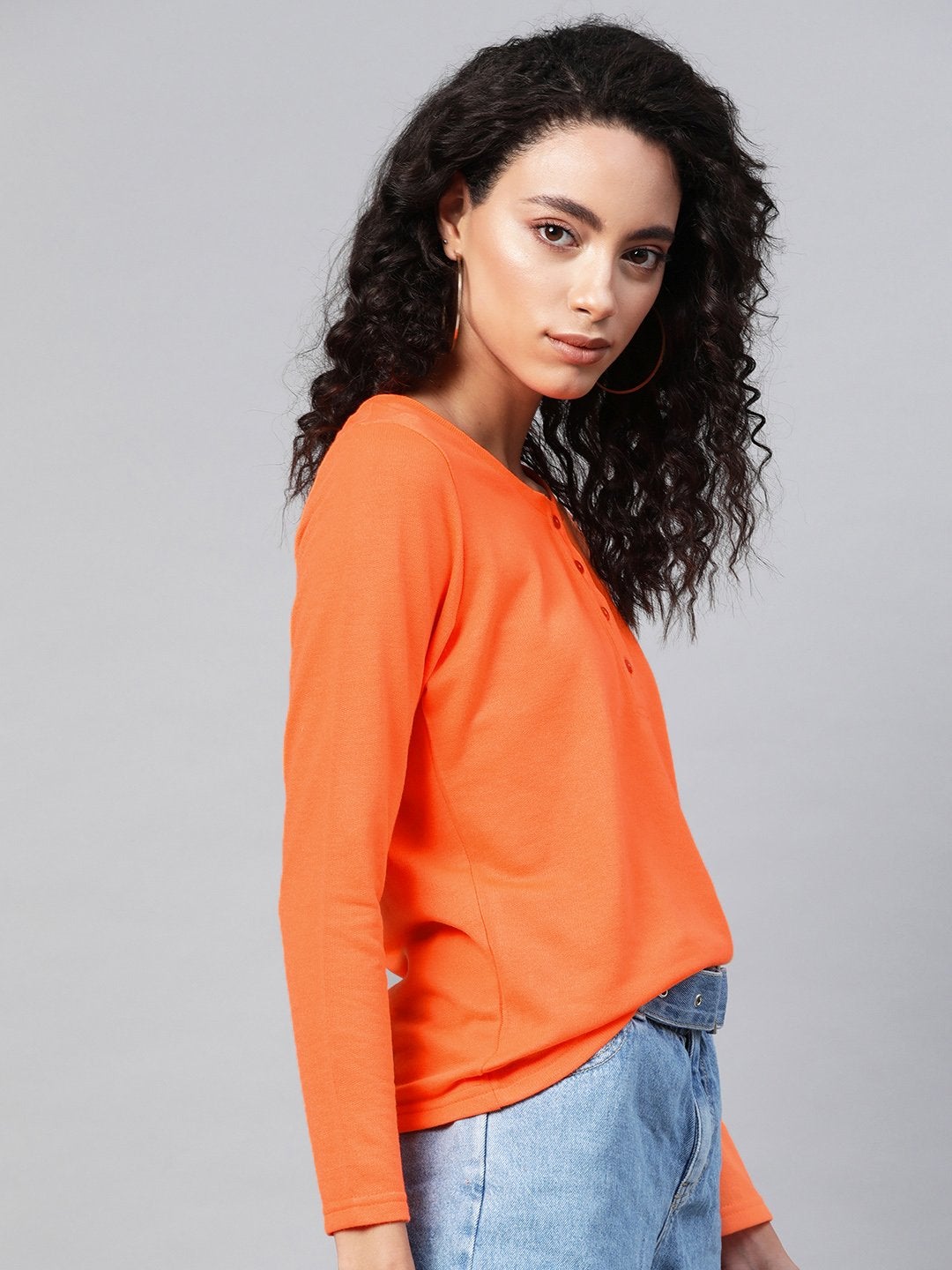 Women's Neon Orange Full Sleeve Henley T-Shirt - SASSAFRAS