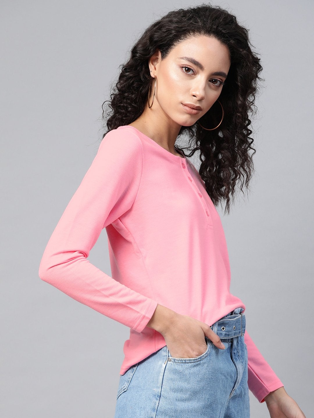 Women's Pink Full Sleeve Henley T-Shirt - SASSAFRAS