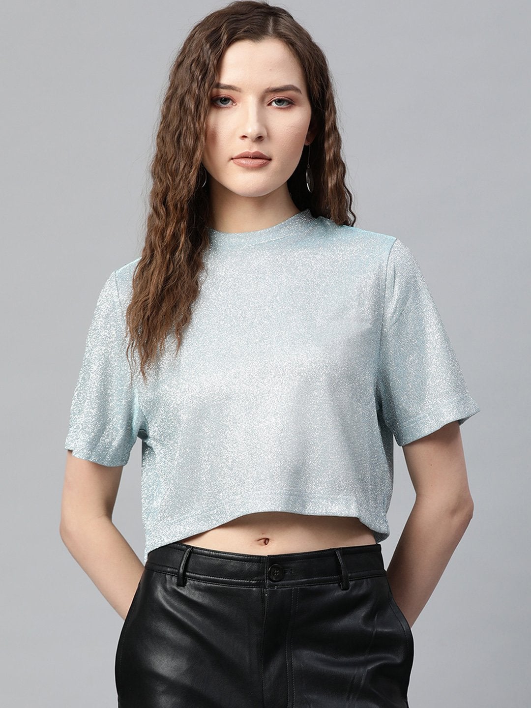 Women's Blue Lurex Boxy Top - SASSAFRAS