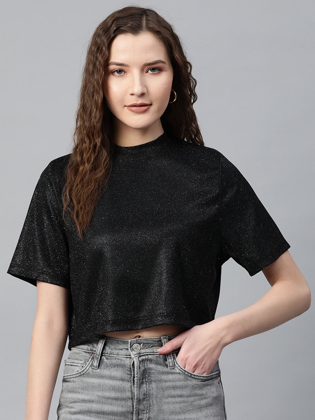 Women's Black Lurex Boxy Top - SASSAFRAS