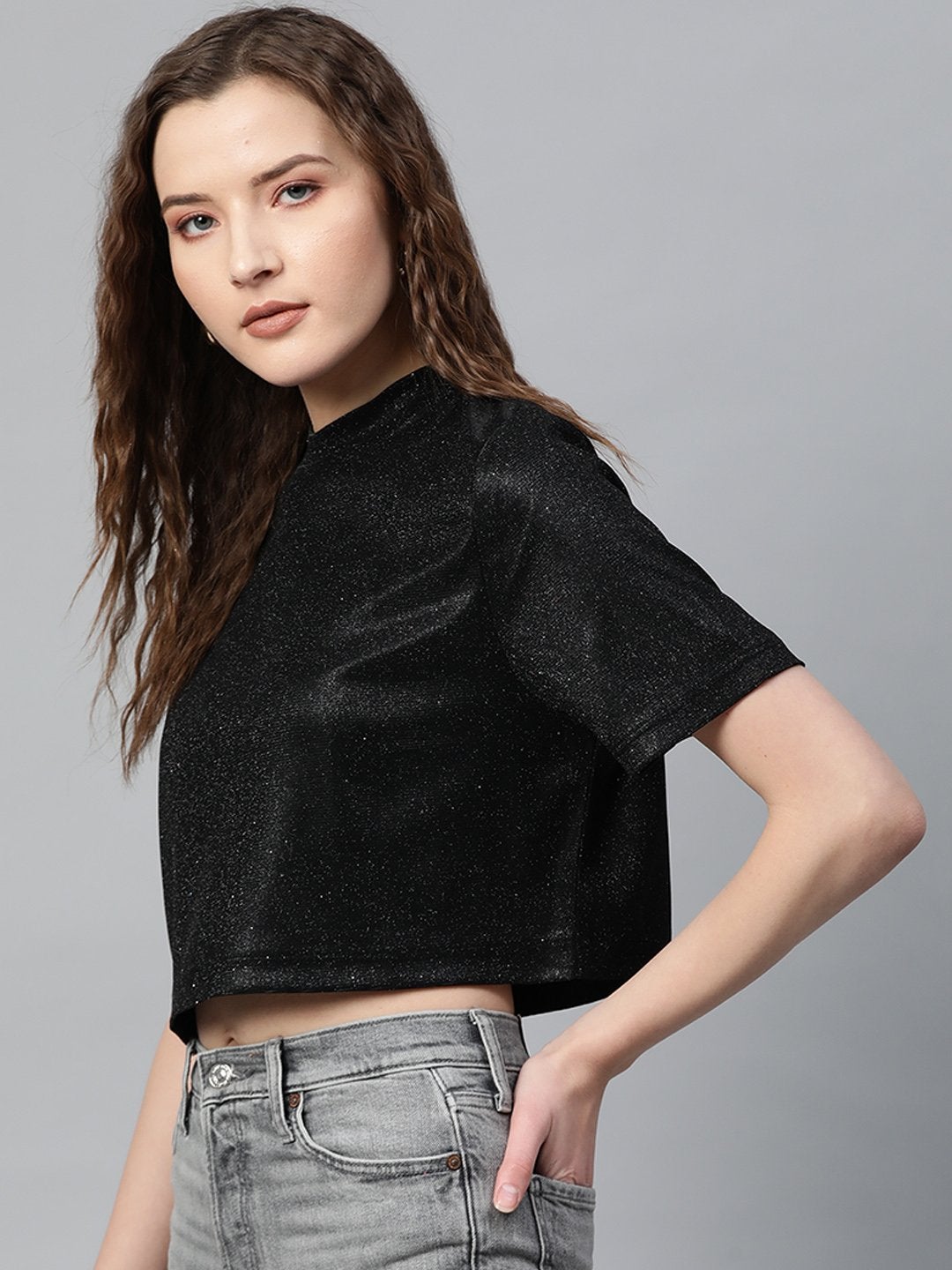 Women's Black Lurex Boxy Top - SASSAFRAS