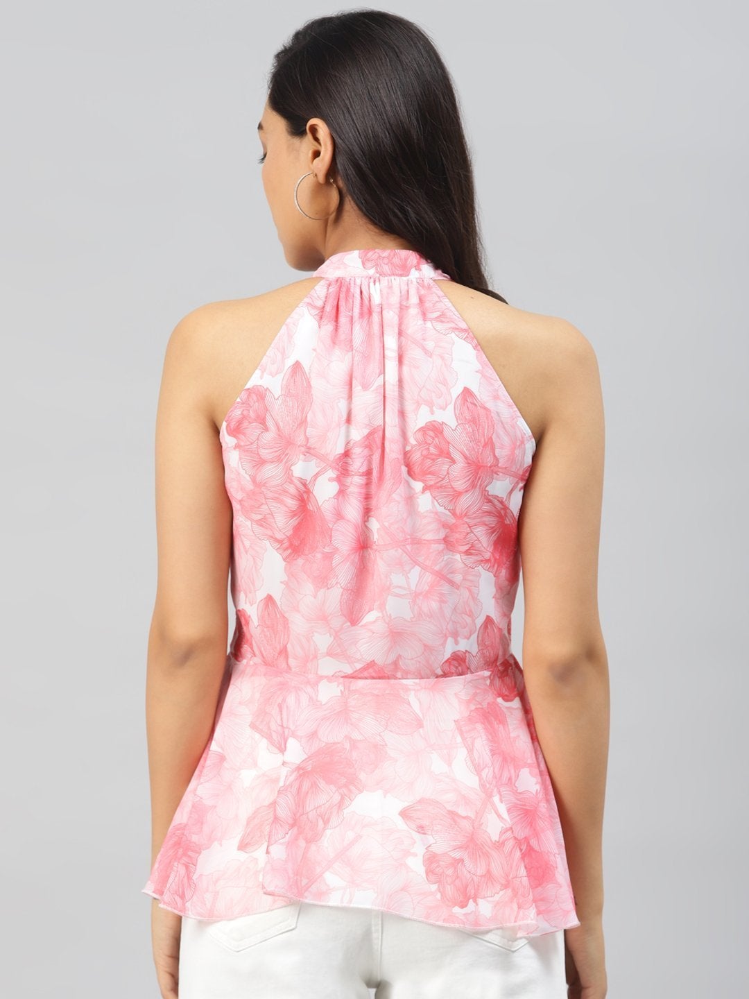 Women's Pink Floral Halter Neck Peplum Top - SASSAFRAS