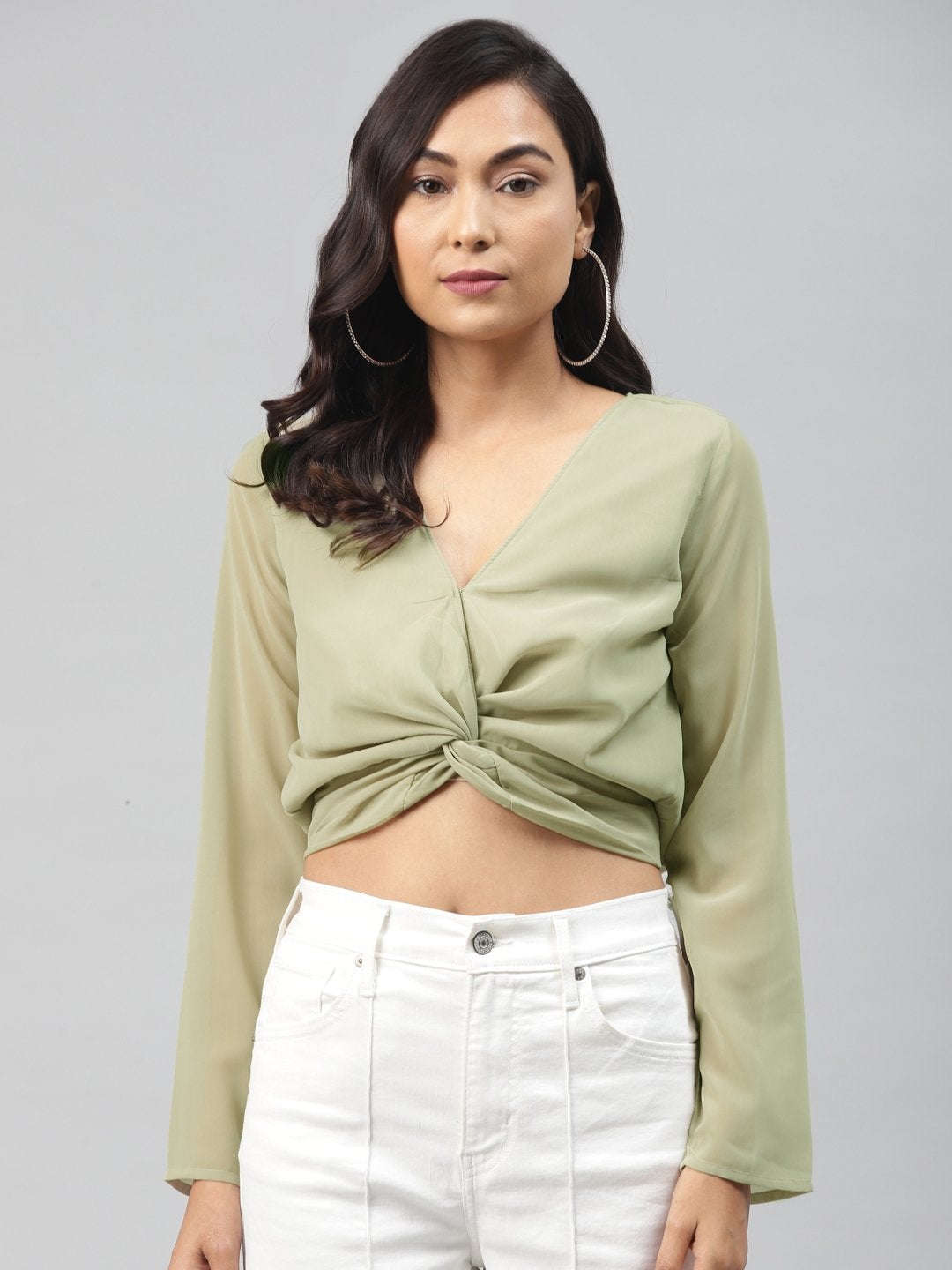 Women's Olive Front Twisted Crop Top - SASSAFRAS