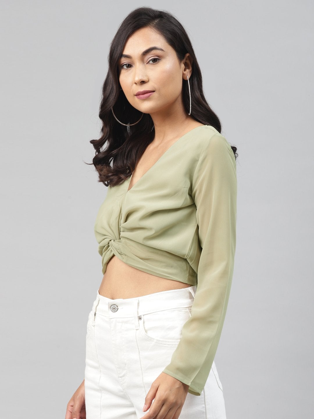 Women's Olive Front Twisted Crop Top - SASSAFRAS