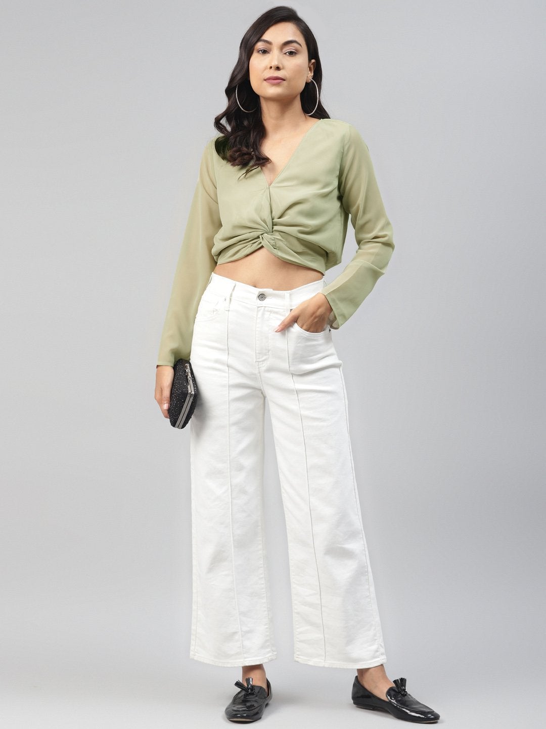 Women's Olive Front Twisted Crop Top - SASSAFRAS