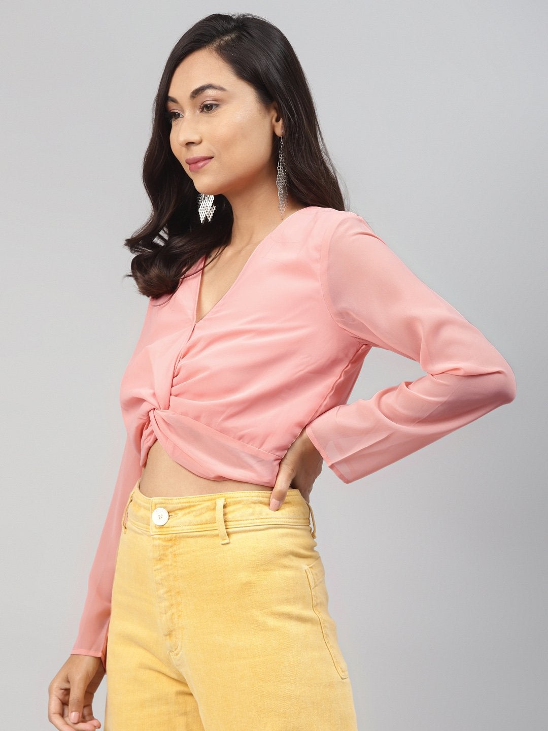 Women's Pink Front Twisted Crop Top - SASSAFRAS