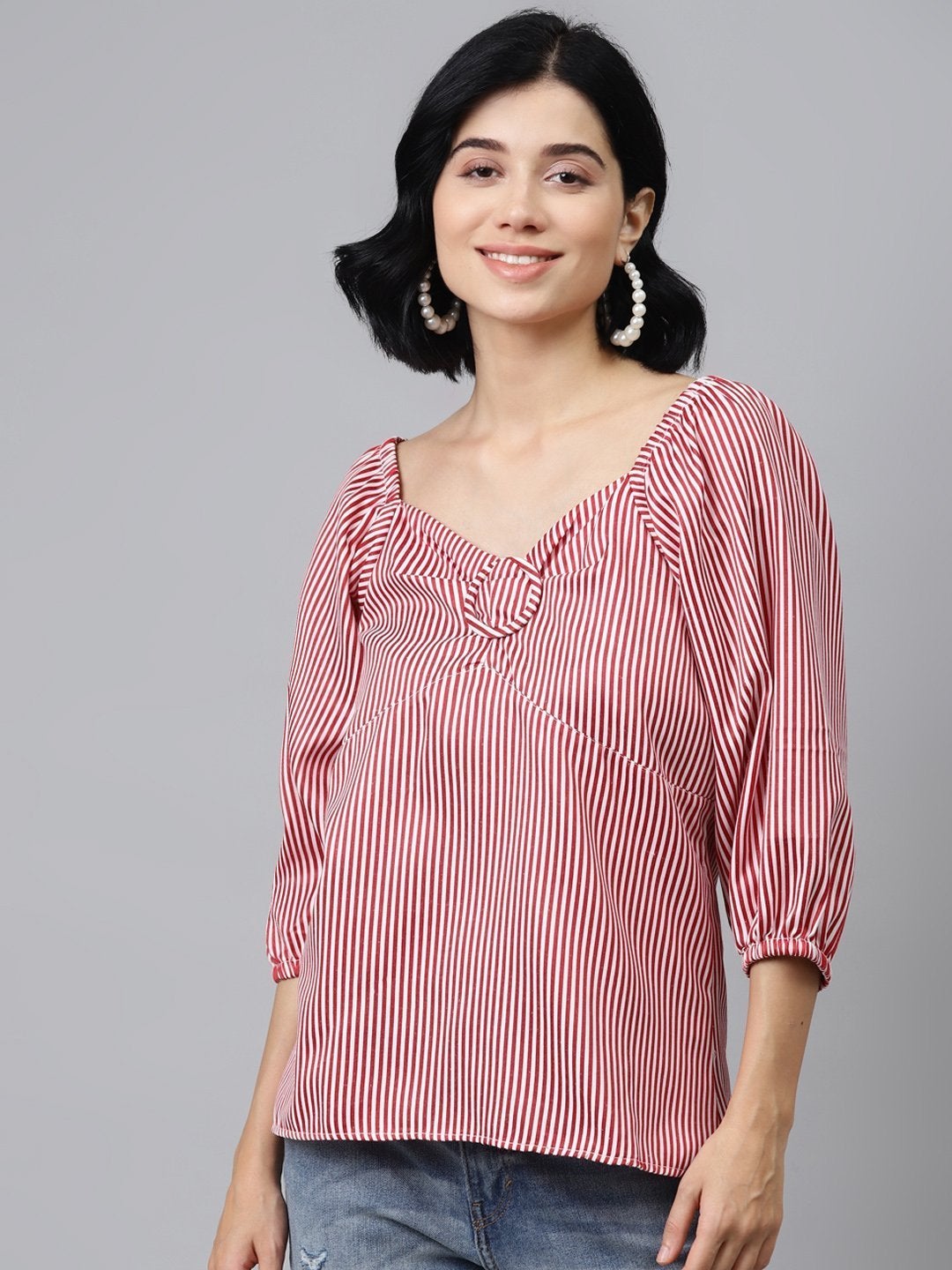 Women's Red Stripes Puff Sleeves Top - SASSAFRAS