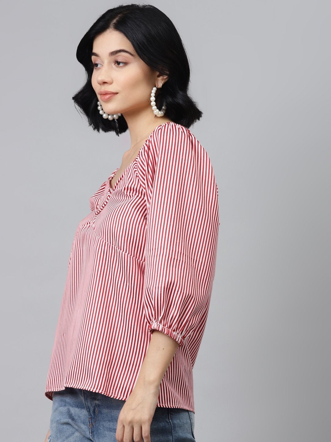 Women's Red Stripes Puff Sleeves Top - SASSAFRAS