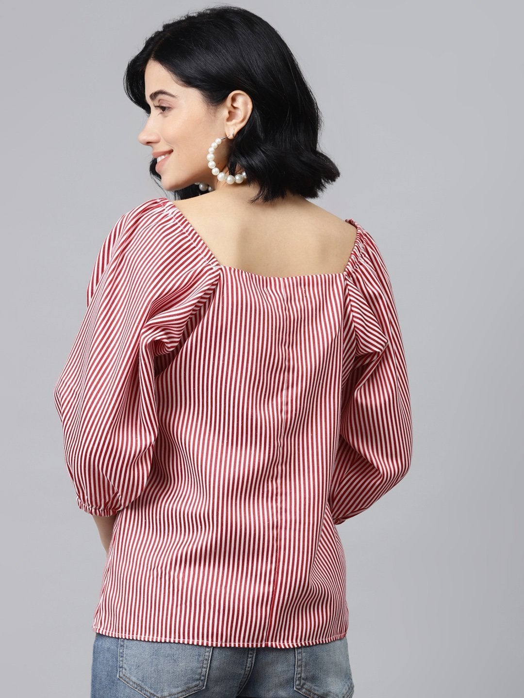 Women's Red Stripes Puff Sleeves Top - SASSAFRAS