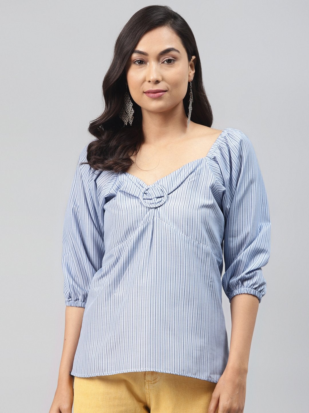 Women's Blue Stripe Puff Sleeve Top - SASSAFRAS