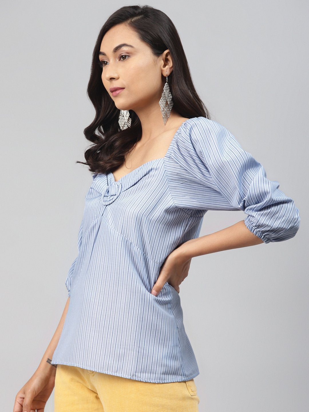 Women's Blue Stripe Puff Sleeve Top - SASSAFRAS