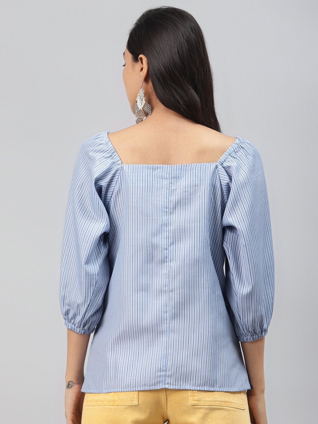 Women's Blue Stripe Puff Sleeve Top - SASSAFRAS