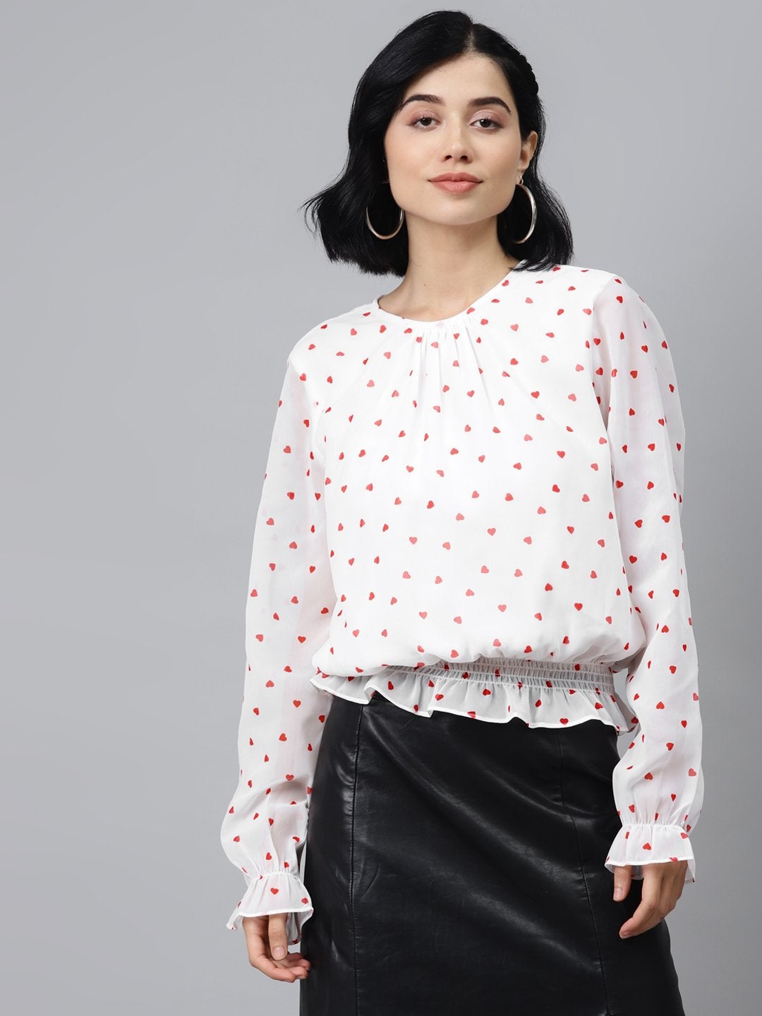 Women's White Smocking Top With Red Hearts - SASSAFRAS