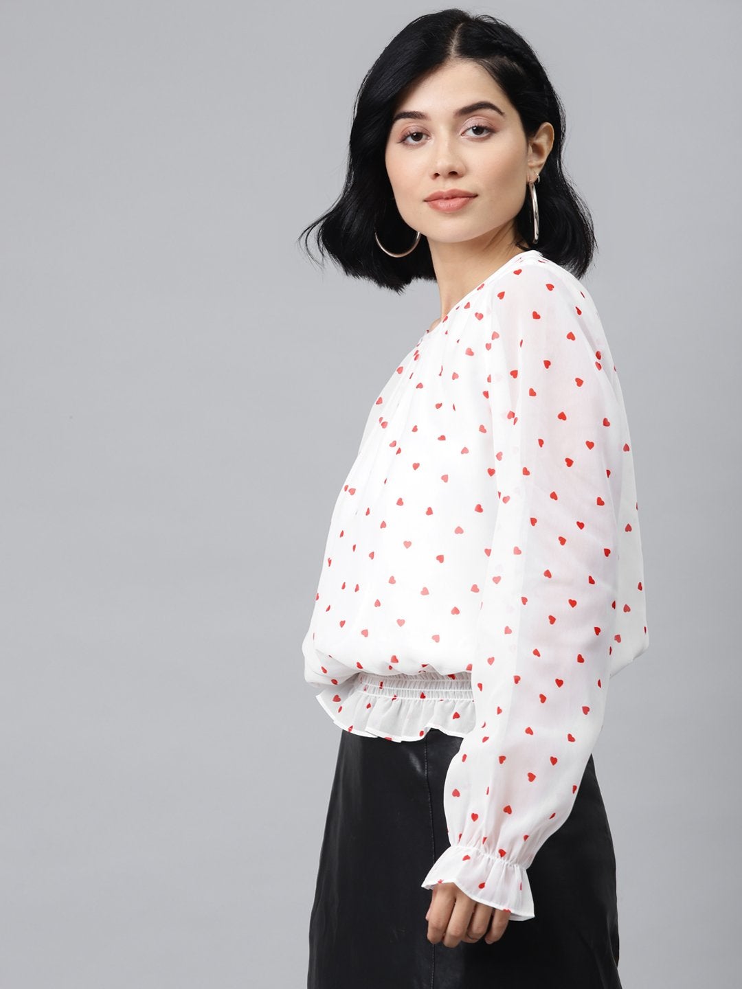 Women's White Smocking Top With Red Hearts - SASSAFRAS