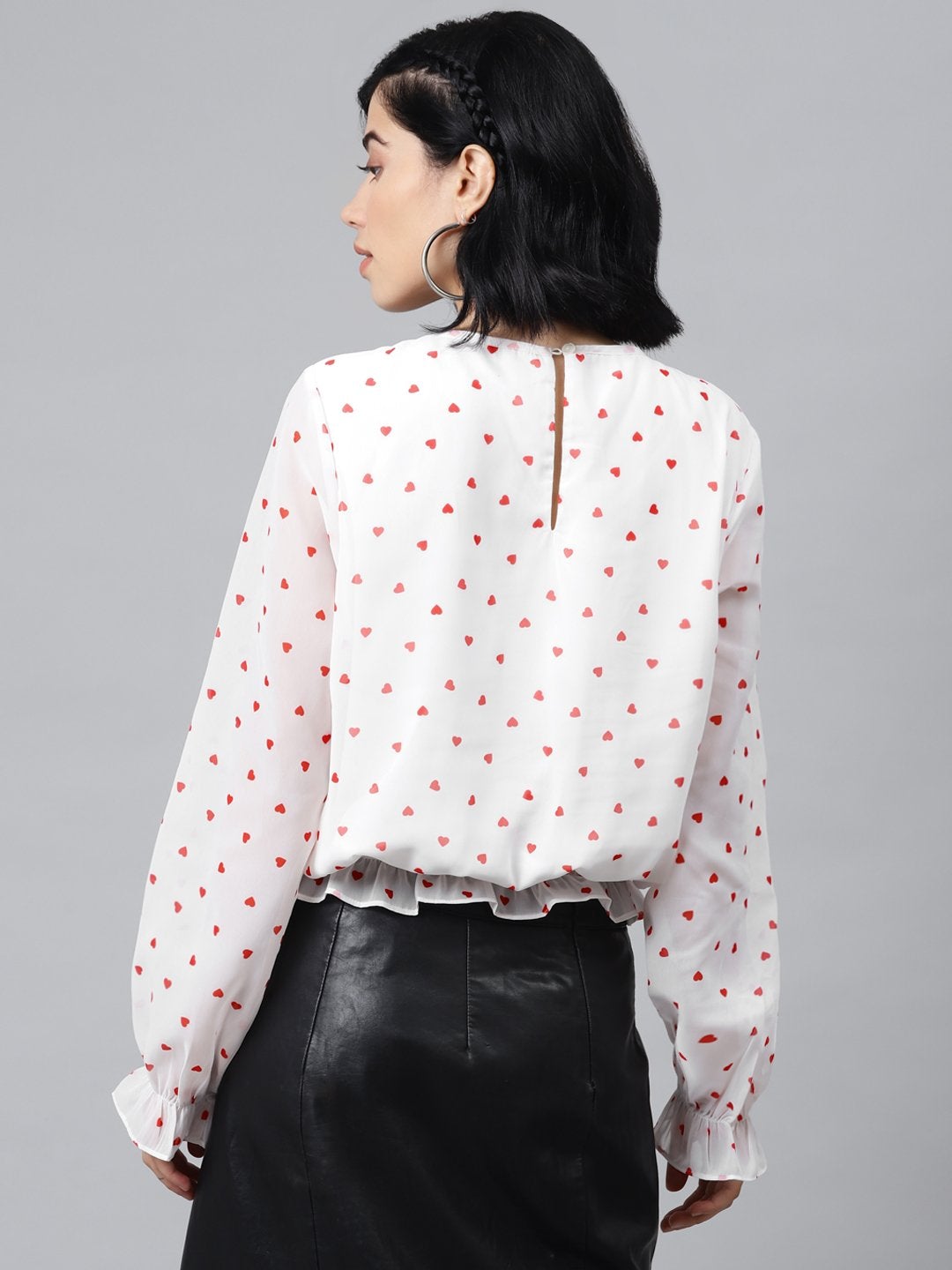 Women's White Smocking Top With Red Hearts - SASSAFRAS