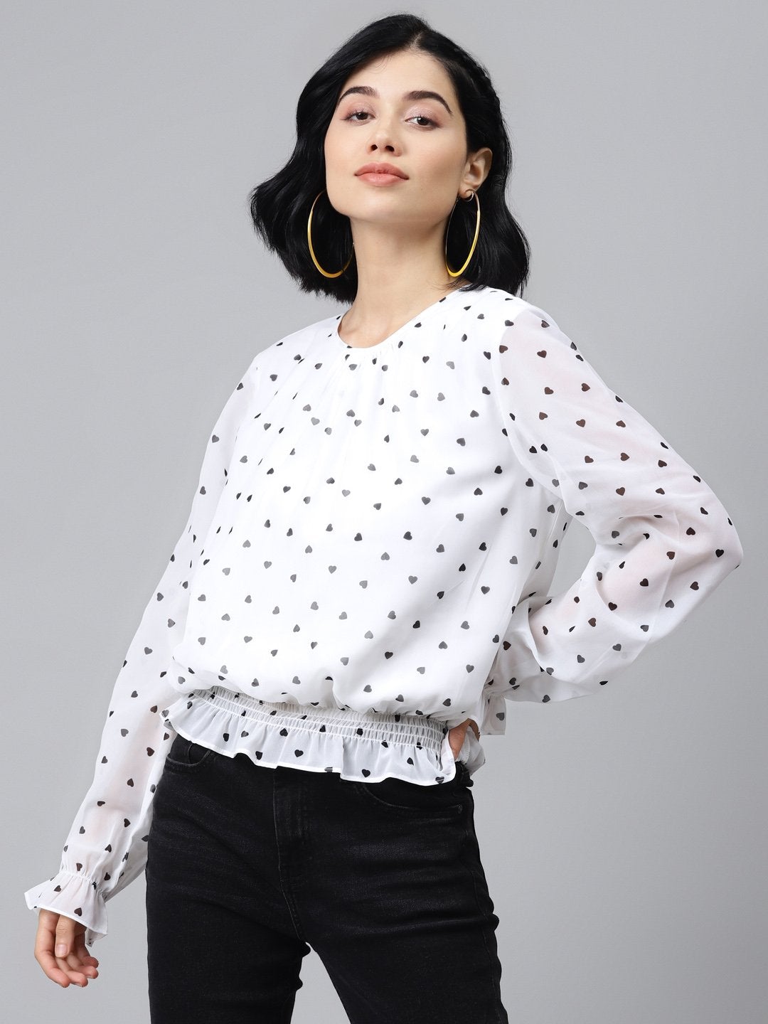 Women's White Smocking Top With Black Hearts - SASSAFRAS