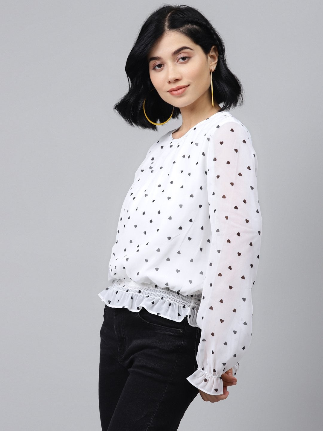 Women's White Smocking Top With Black Hearts - SASSAFRAS