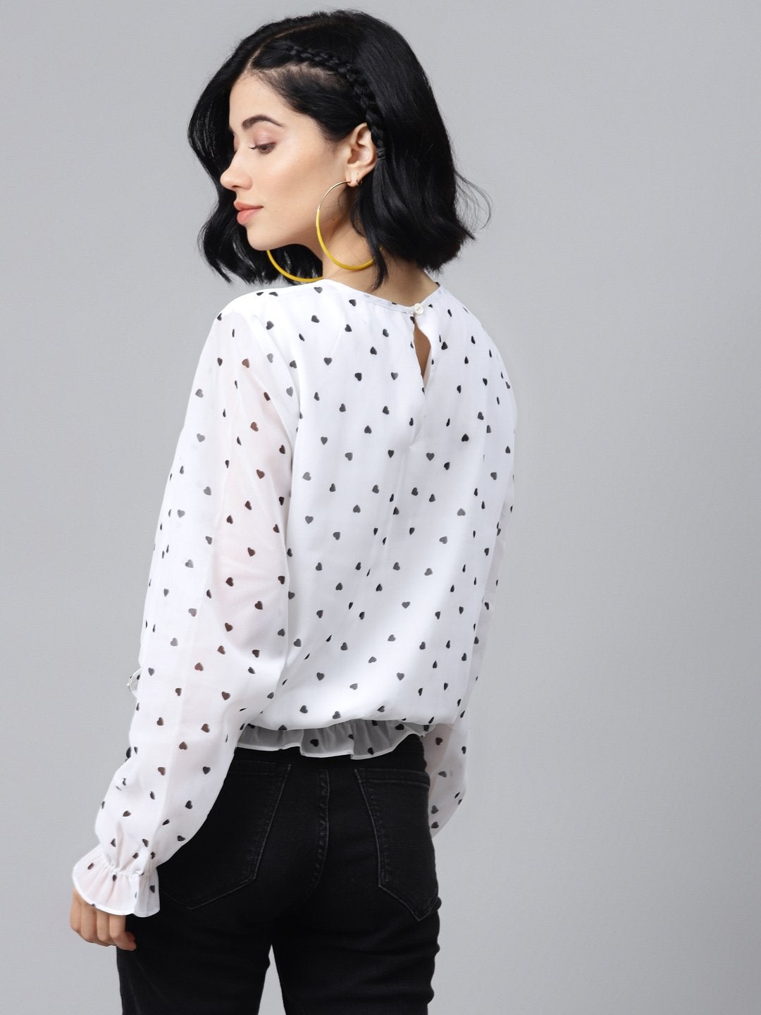 Women's White Smocking Top With Black Hearts - SASSAFRAS