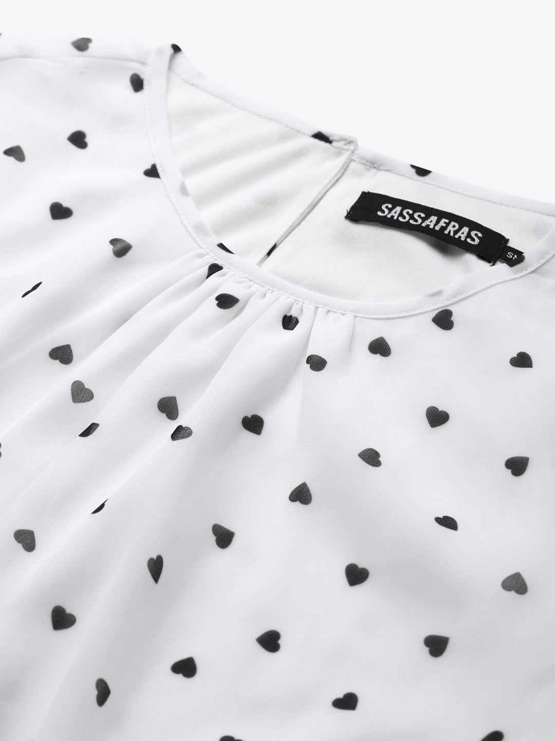 Women's White Smocking Top With Black Hearts - SASSAFRAS