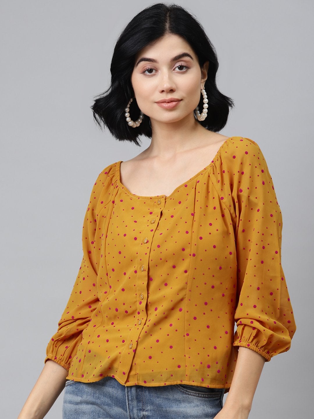 Women's Mustard Flock Print Boat Neck Top - SASSAFRAS