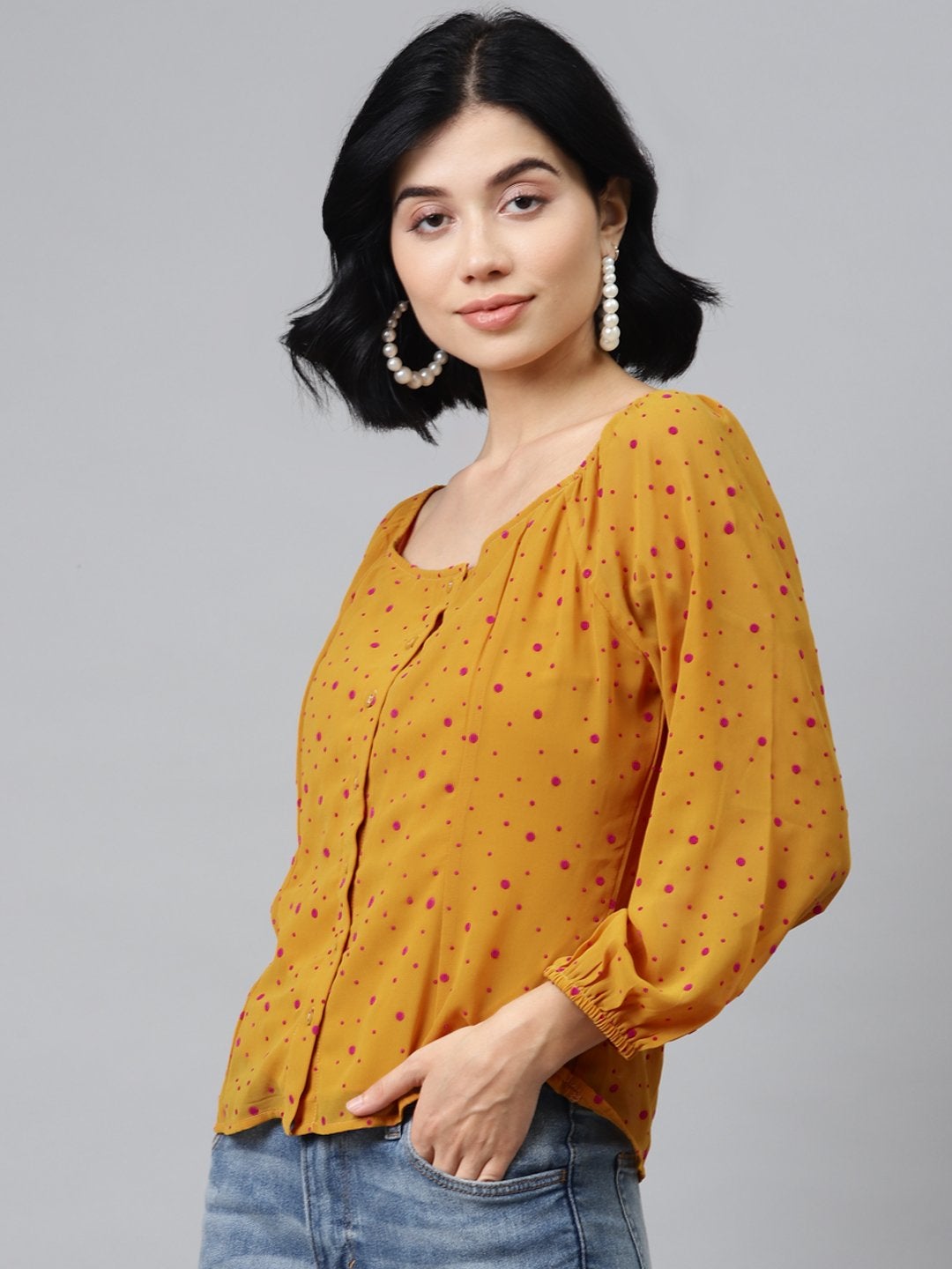 Women's Mustard Flock Print Boat Neck Top - SASSAFRAS